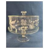 Etched Glass Cake Stand and Cover with Floral Desi