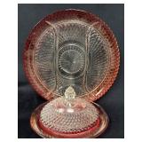 Cranberry Glass Butter Dish and Large Divided Reli