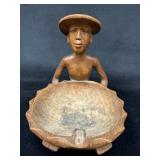 Hand-Carved Wooden Ashtray Featuring a Seated Figu