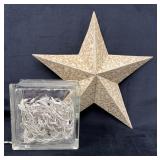 Two Decor Items: Illuminated Glass Block and Metal