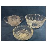 Three Pressed and Etched Clear Glass Dishes with F