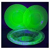 Three Uranium Glass Dishes, Including Jeanette Gla