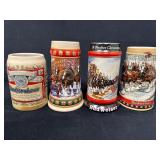 Four Budweiser Anheuser-Busch Steins Beer Mugs Fea