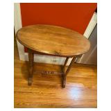 Oval Wooden Side Table with Turned Legs and Stretc