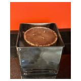 Clear Glass Square Vase with Brown Pillar Candle