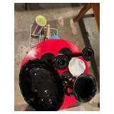 Lot Featuring Red Side Table and Assorted Items