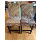 Two High-Back Wicker Chairs with Dark Wood Legs
