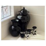 Black Ceramic Vases and Metal Candle Holder Set