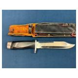 Fixed Blade Knife with Sawback and Leather Sheath