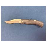 Folding Pocket Knife with Wooden Handle and Serrat