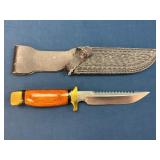 Fixed-Blade Hunting Knife with Wood Handle, Brass