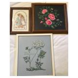 Three Framed Cross Stitch Pieces: Friends, Roses,
