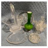 Glass Lot Featuring Clear and Green Glass Items