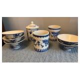 Blue and White Set of 3 Mugs, One Covered, and 5 B