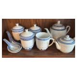 Blue and White Tea Set with Teapots, Cups, and Spo