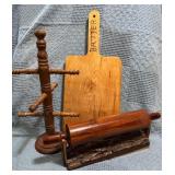 Wood Kitchen Items Including Rolling Pin, Holder,