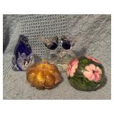 Three Glass Paperweights and a Glass Figurine With
