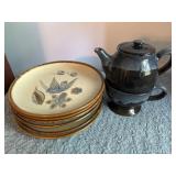 Stackable Teapot and Cup Set with 6 Handmade Plate