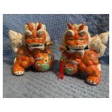 Painted Ceramic Foo Dogs with Detailing and Red Ta