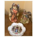 Two Porcelain Angel Figurines and Decorative Plate