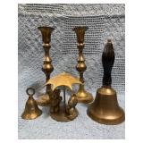 Brass Decor Lot with Candlesticks, Bells, and Figu