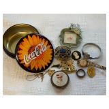 Dresser Lot With Coca-Cola Tin, Watches, and Jewel