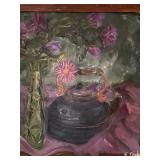 24'x22' Oil Painting of a Teapot and Flowers Signe