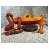 Three Hand-Carved Wood Objects: Boat, Stork Pair,