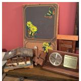 Wood Decor Lot with Music Box, Desk Clock, Cork Bo