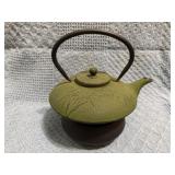 Green Cast Iron Teapot with Warming Stand and Bamb