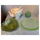 Teapot, Uranium Glass Plate, Bunny Trinket Dish, a
