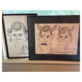 Framed Vintage Pencil Caricature Drawings by Norio