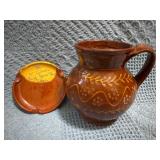 Handmade Earthenware Pitcher and Coaster with Deco