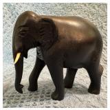 Carved Wood Elephant Statuette with Inset Bone Det