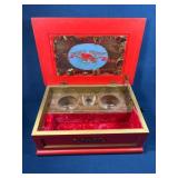 Red Musical Box with Glass Cups and Decorative Eag