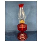 Ruby Red Glass Oil Lamp with Chimney and Brass Bur