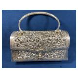 Silver Tone Metal Handbag With Intricate Filigree