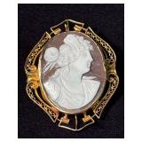 10k Gold Cameo Brooch Featuring Profile of a Woman