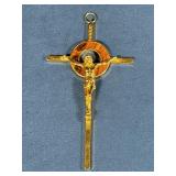 Gold-Tone INRI Crucifix Pendant with Wooden Inlay