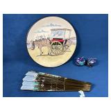 Hand-Painted Plate, Decorative Fan, and Cloisonne
