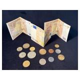 Foreign Coins and Three 50 Euro Banknote