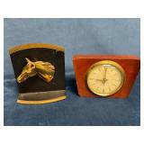 Westclox Clock and Horse-Themed Metal Bookend Set