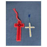 Two Handmade Crochet Cross Bookmarks in Red and Bl