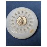 White Circular Plastic Rosary Box with Religious M