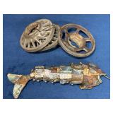 Vintage Abalone Shell Fish Sculpture and Cast Iron