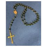 Gold-Tone Green Beaded Rosary with Crucifix and Vi