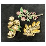 Three Floral Themed Brooches with Enamel and Bead