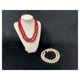 Two Strand Necklace Set Featuring Red and Pearl-Li