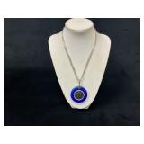 Silver Coin Pendant with Blue Glass Accent on Chai
