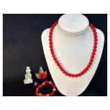 Red Beaded Necklace, Bracelet, and Assorted Pins